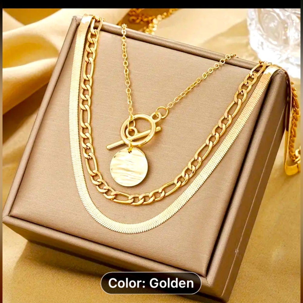 NIB 3-Piece Women's Layered Necklace Set, Snake Bone Chain with Coin Pendant‎ - Picture 3 of 7
